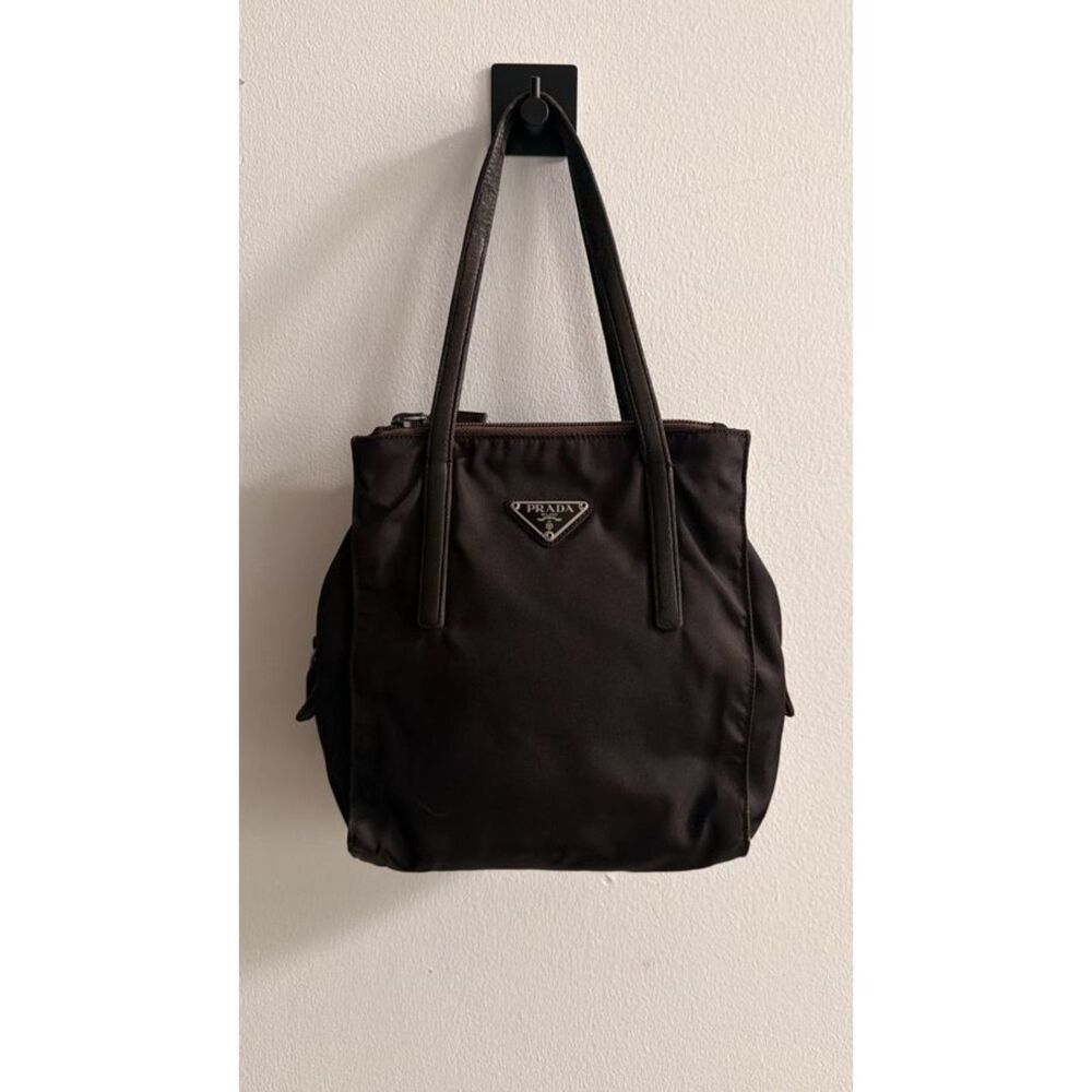 Prada Vintage Tessuto Nylon Tote Shoulder Bag Dark Brown Leather Handles Zip